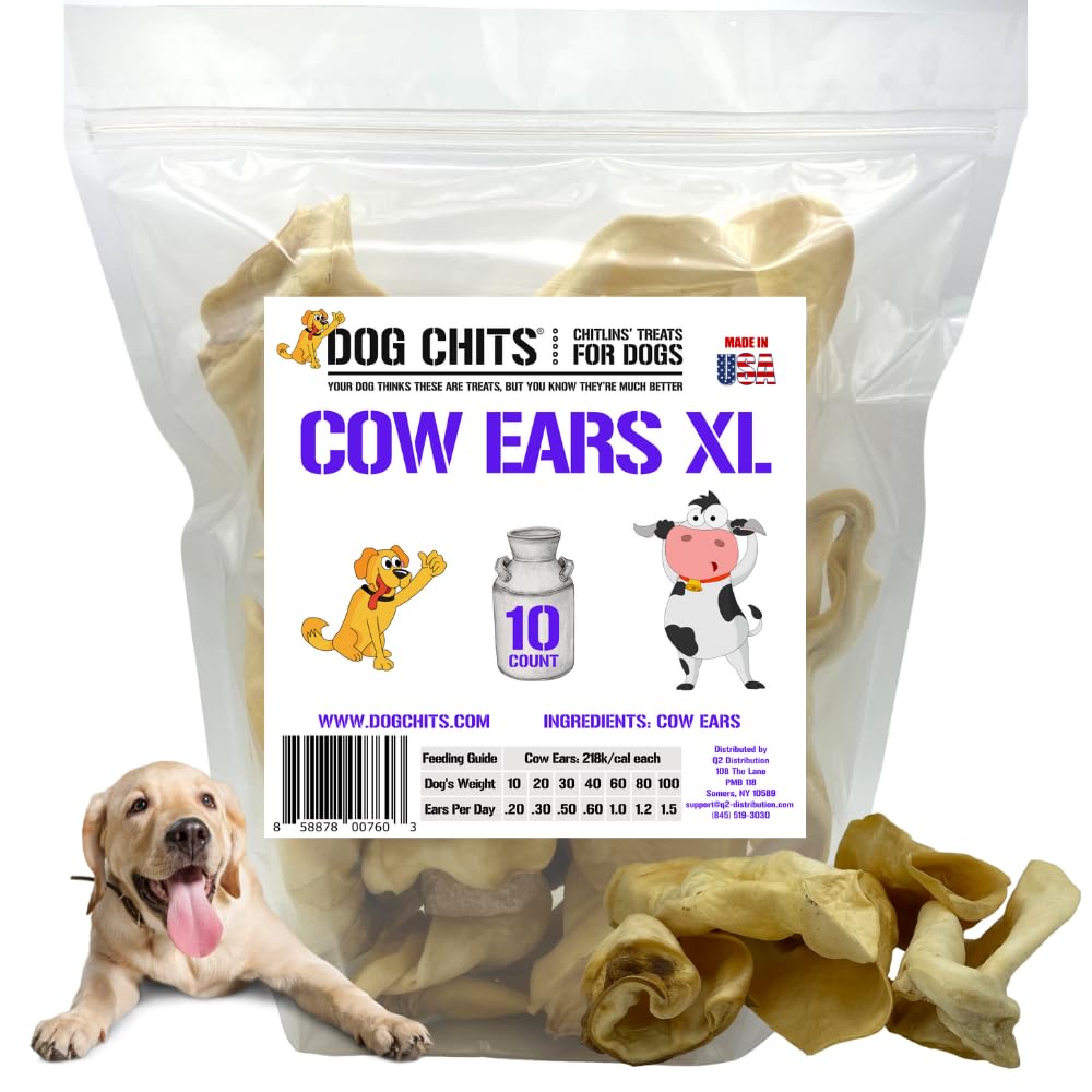 Dog Chits Cow Ears for Dogs | Extra Large | Thick Cut | Whole Ears | Dog and Puppy Chews | USDA | All Natural | Long Lasting Chews | 10 Count